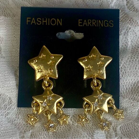Vintage Star Shaped Earrings Gold Star Dangle Design with Rhinestone Accents - Picture 2 of 4